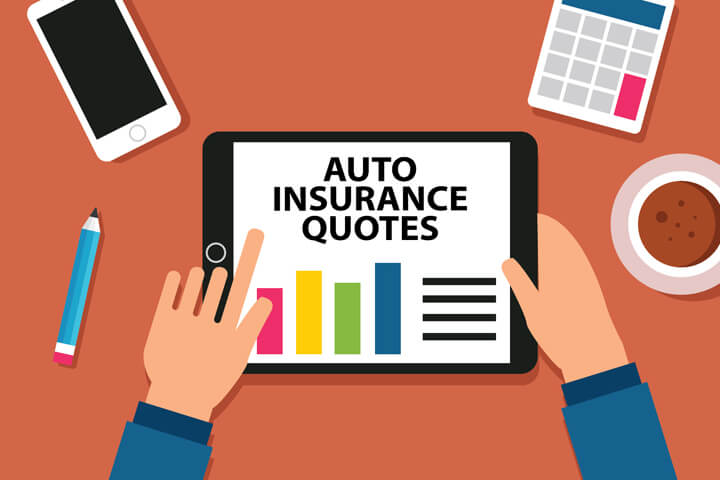 Desktop with cell phone, calculator, coffee, and hands holding tablet or iPad with auto insurance quote chart showing different price quotes