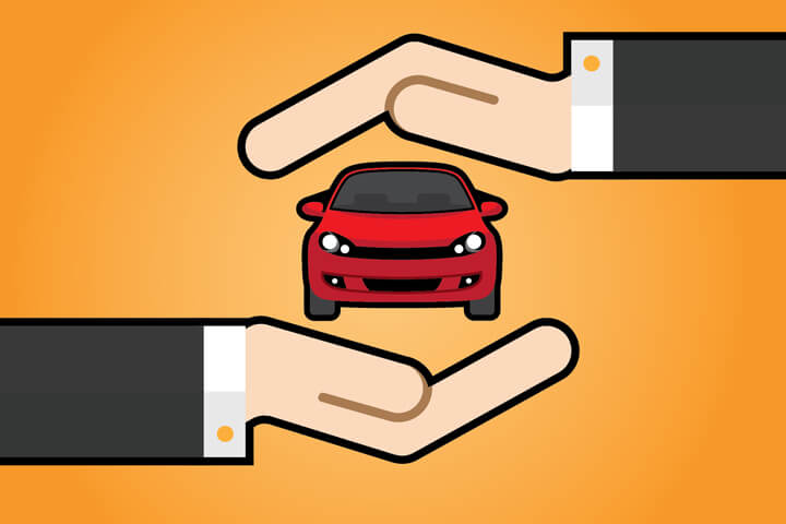 Hand holding car with another hand protecting on top flat concept for insurance protection or insurance agent