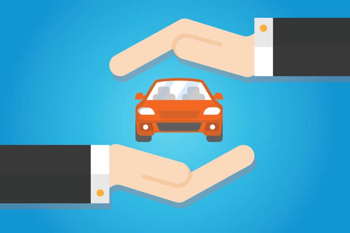 Hand holding car with another hand protecting on top flat concept for insurance protection or insurance agent blue background