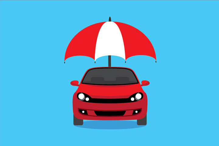 Red car with red and white umbrella concept for insurance protection on bright blue background