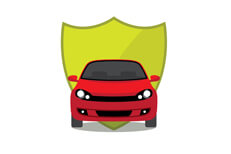 Car in front of insurance shield Red car in front of green insurance protection shield
