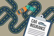 Two car accident on curvy road Two small cars crashed on very curvy road with car insurance policy in foreground