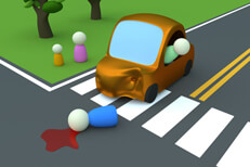 Cartoon 3D render of a car hitting a pedestrian liability insurance concept