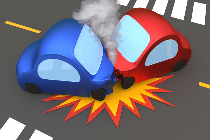 3D cartoon render of two vehicle collision with smoke billowing from engine compartment