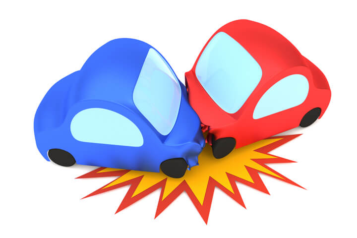 3D cartoon render of two vehicle collision isolated on white with collision burst