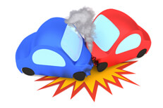 Cartoon car collision with smoke 3D cartoon render of two vehicle collision isolated on white with collision burst and smoke