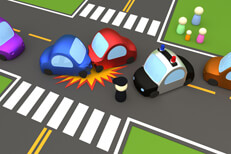 Car accident police on scene Two vehicle collision on street with police car and policeman