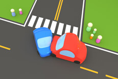 Two car collision at intersection Cartoon 3D render of two vehicle accident at street intersection with onlookers