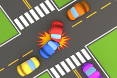 Overhead view of intersection collision Cartoon 3D render of two car accident at intersection