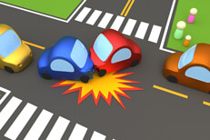 Cartoon 3D render of two car accident turning left at intersection