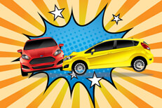 Comic depiction of car crash Two car collision with comic burst in background