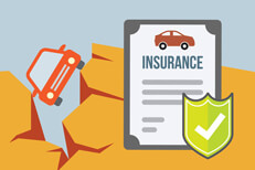 Car insurance policy with car falling into large fissure caused by earthquake flat concept