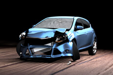 Blue car with front end collision damage on dark wood background