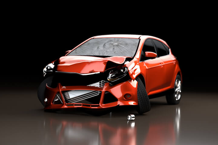 Photo of red car after front end collision damage accident dark background