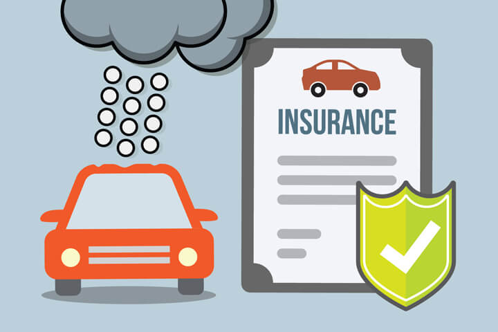 Car insurance policy and shield beside dented car under hail storm flat concept for hail insurance