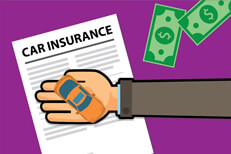 Long arm holding car over policy Long arm holding small toy car over car insurance policy with cash to the side