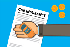 Long arm holding car over policy with coins Long arm holding small toy car over car insurance policy with coins to the side