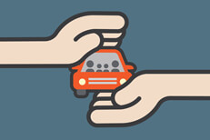 Hands holding car with family Hands holding and covering family car concept for insurance protection