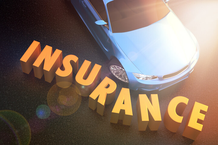 Car sliding into insurance letters with corner flare concept for insurance coverage after an accident