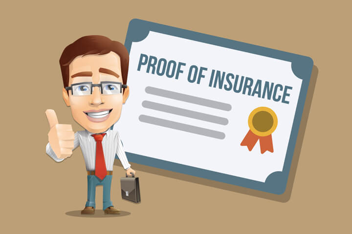 Insurance agent showing thumbs up in front of proof of insurance certificate flat concept image