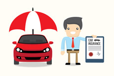 Insurance agent with policy next to car Smiling insurance agent holding car insurance policy next to red car under protection umbrella