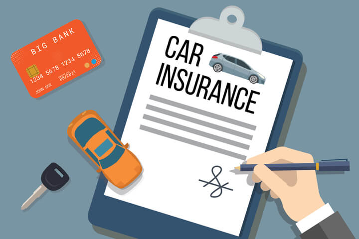 Hand holding pen signing car insurance policy with small toy car, key, and credit card flat concept image
