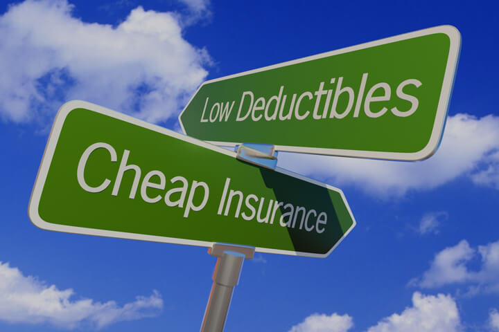 Street sign with arrows reading Low Deductibles and Cheap Insurance pointing in opposite directions