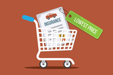Shopping cart with car insurance policy tagged with lowest price flat image concept