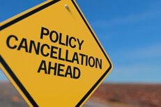 Yellow road sign reading Policy Cancellation Ahead concept for insurance policy cancellation