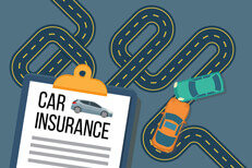 Car insurance policy crash curvy road Two car accident on very curvy road with car insurance policy on clipboard in foreground