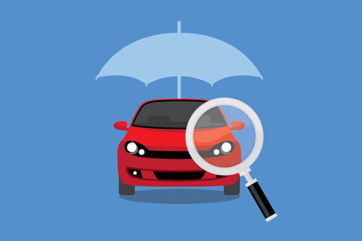 Red car under umbrella with magnifying glass flat image concept for searching for auto insurance or finding cheaper coverage