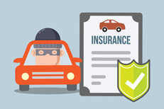 Car insurance policy with shield next to car with suspicious thief looking through window flat concept