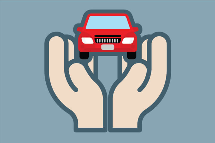 Healing hands holding small red car flat concept for car insurance protection