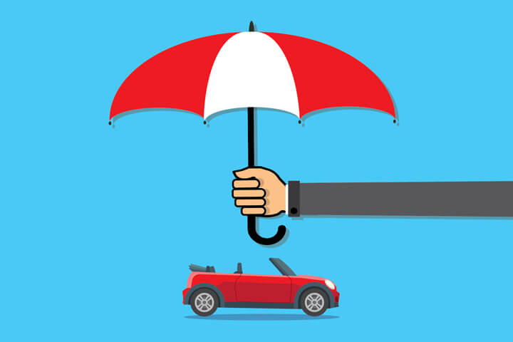 Long arm holding insurance protection umbrella over small red convertible blue background