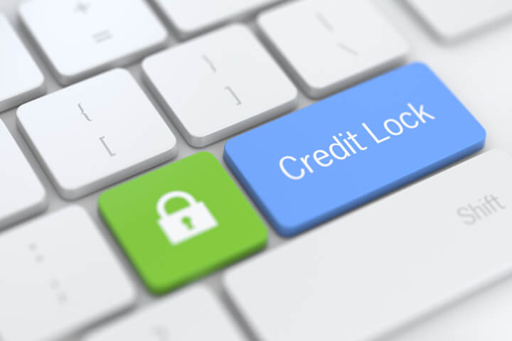 Credit lock concept image of blue credit lock key and green padlock icon key