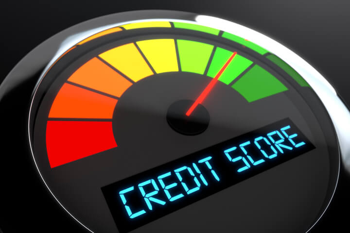 Speedometer style gauge showing good credit score with needle in green