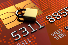 Padlocked EMV chip close up Close up photo of credit card EMV chip locked by padlock
