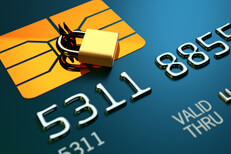Close up of EMV chip and padlock Close up photo of blue credit card EMV chip with padlock