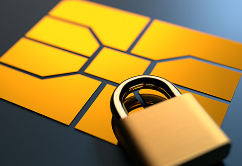 EMV chip padlock in corner Shiny credit card EMV chip with padlock in corner