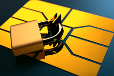 Padlocked EMV chip close up Credit lock concept showing padlocked EMV credit card chip