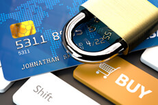 Online purchase secure credit Keyboard with shopping card key with credit card and padlock