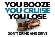 You Booze, You Cruise, You Lose Illustration with blue and black Booze, Cruise, Lose text and DUI crash concept in foreground