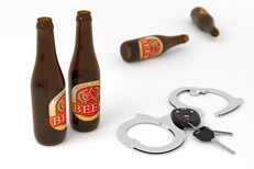 Beer bottles and hand cuffs on white Beer bottles, hand cuffs, and car keys isolated on white background