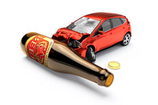 Beer bottle crash on white Car crashed into beer bottle laying on white background DUI concept