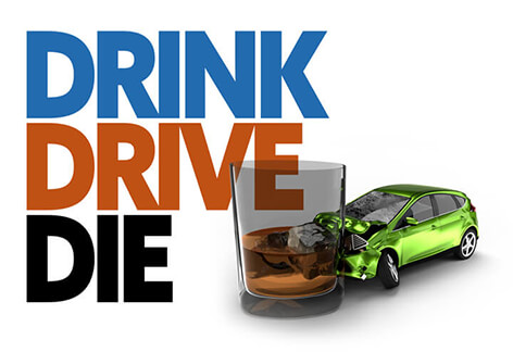 Drink, Drive, Die blue and orange Illustration with drunk driving crash concept and Drink, Drive, Die text in background