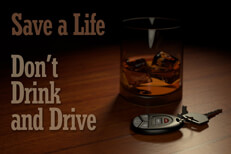 Drunk driving PSA illustration Image showing glass of whiskey and car keys with text Save a life don't drink and drive