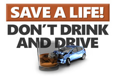 Save a life don't drink and drive Graphic showing DUI accident with Save a life don't drink and drive text in background