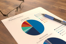 Asset and risk allocation charts on desk Paper with asset and risk allocation pie charts with ink pen and glasses on table