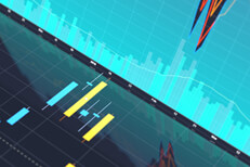 Stock chart reflection Stock price area chart and trading volume reflected in glossy candlestick chart