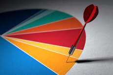 Dart stuck in pie chart segment Colorful pie chart with dart targeting one segment